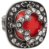 Ornate Red Cabochon Ring of Antique Silver Tone with Clear Crystals fits sizes 6-12
