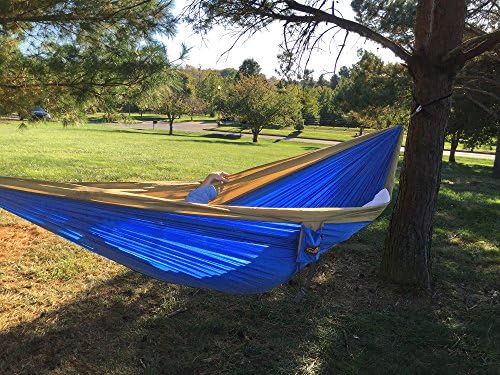 Double Parachute Nylon Camping Hammock. Premium Quality and Extra Large for Sleeping Comfort. FREE Tree Ropes Included. Ultra Lightweight, Two Person, Portable for Hiking. Buy with Confidence.
