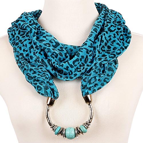 Seafire Scarf Necklace Jewelry with Acrylic Beaded Circle Buckle Designer Chiffon Dresses Shawl Wrap (Blue 412-1)