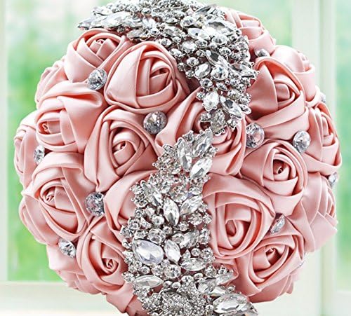 luxury wedding bride holding rose flowers bouquet with rhinestone brooch pearl Lace handle (pink2)
