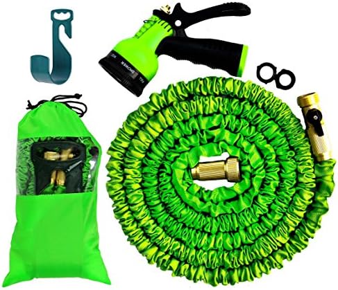 50FT Expandable Hose Set with 8 Nozzle Spray &amp; Hanger - Bundled in cloth bag - Extra Strength Inner Tube, 5000D Strongest Fabric - TRIPLE Latex Core, Shut off Valve, Solid Brass Ends- Warranty Inc