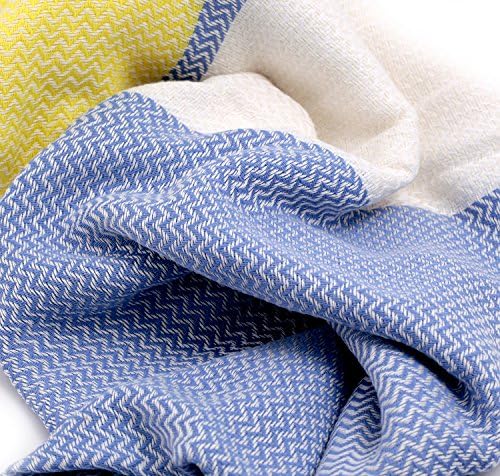 Hammam Pestemal in Herringbone Pattern with Yellow, Blue and White Stripes. Super Soft Turkish Bath Pestemal.