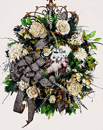 Large Owl Wreath Woodland with Pheasant Feathers and Cheetah Animal Print Ribbon