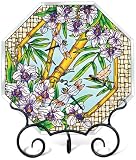 Amia Beveled Tabletop Décor Features a Colorful Dragonfly in Bamboo Design, 12-Inches Width by 12-Inches Length, Handpainted Glass Includes Wrought Iron Stand