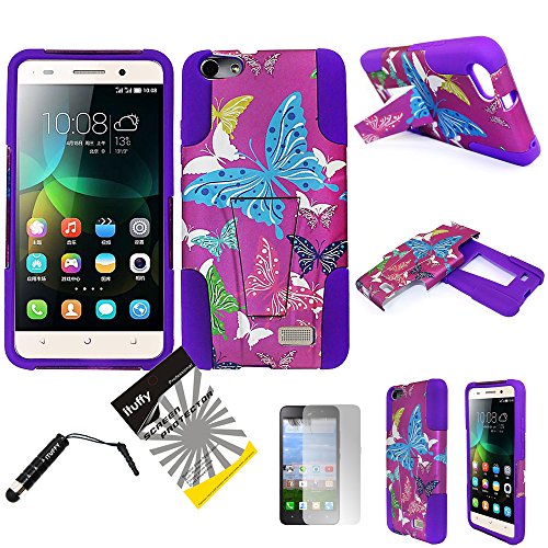 For Huawei Raven LTE H892L ITUFFY 3items: Screen Film+Stylus Pen+Dual Layer Impact Resistance Plastic Cover Soft Rubber KickStand Hybrid Case (Purple Color Butterfly)