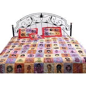 Patchwork Batik Bedspread with Hindu Deities - Pure Cotton