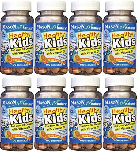 Mason Vitamins Healthy Kids Cod Liver Oil and Vitamin D, Tasty Chewable Orange Flavor, 100 Tablets per Bottle Pack of 8 Total 800 Tablets