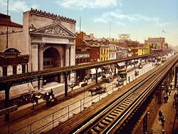 Elevated Train in the Bowery, 1900 - Exceptional 16" x 20" print of vintage color photochrome from the Library of Congress Collection