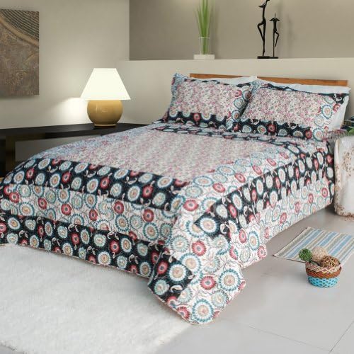 [Amorous Feelings] Cotton 3PC Floral Vermicelli-Quilted Patchwork Quilt Set (Full/Queen Size)