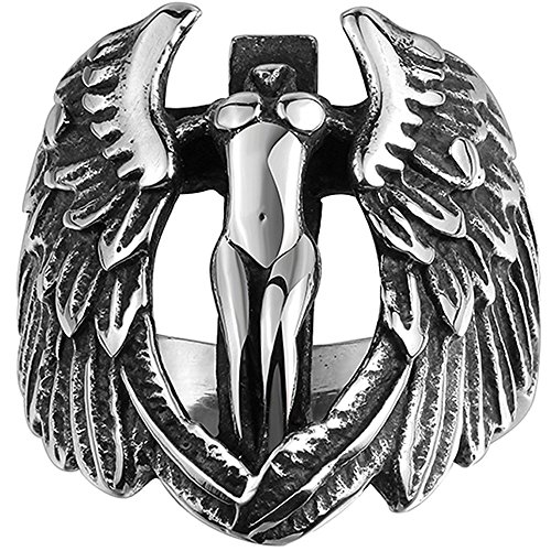 Men's 316L Stainless Steel Large Cross Angel Wing Unisex Ring Band Vintage Gothic Punk Biker Silver Black
