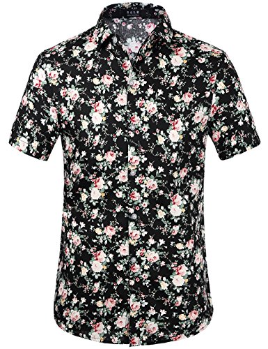 SSLR Men's Flower Buttondown Short Sleeve Shirt (Medium, Black Pink)