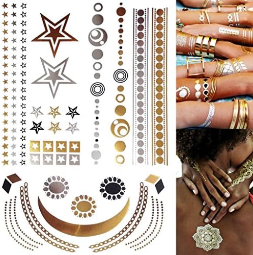 Metallic Jewelry Gold, Silver & Black Design Flash Tattoos, Temporary Bling- 3 Sheets 5.5" x 8.5"- Great Christmas Gift!