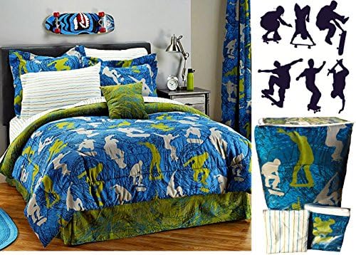 Skateboard 8pc Queen Comforter &amp; Sheet Set + BONUS Wall Decals (Bed in a Bag)