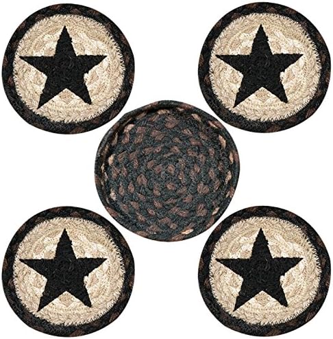 Earth Rugs 29-CB313BS Stars Design Round Jute Basket with 4-Printed Coasters, 5", Black