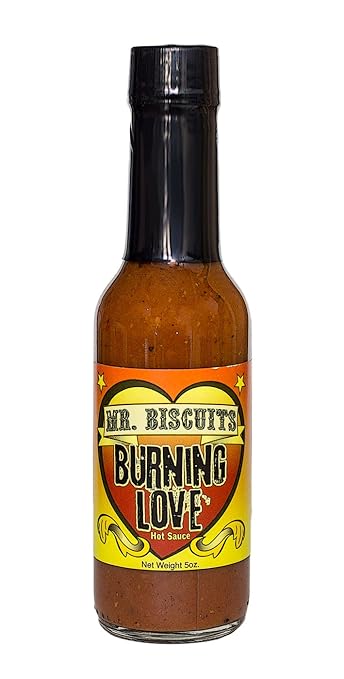 Habanero Hot Sauce by Mr. Biscuits - Burning Love Hot Sauce Infuses Habanero and Garlic Bringing you HIGH HEAT, low vinegar and a 50,000 Scoville Unit Rating