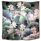 100% Luxurious Charmeuse Silk Ink Painting Lotus Water Lilies Garden Hand Rolled Edges Square Scarf Shawl
