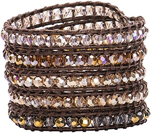 EA Mixed Crystals on Brown Colored Leather Wrap Bracelet - 5 Layer Bracelet