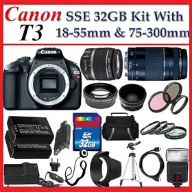 Canon EOS Rebel T3 (1100d) SLR Digital Camera w/ Canon EF-S 18-55mm f/3.5-5.6 IS II Autofocus Lens & Canon Zoom Telephoto EF 75-300mm f/4.0-5.6 III Autofocus Lens, 3 Extra Lens + Close Up Kit, 2 batteries and chargers 32gb Sdhc Memory Card, Soft Carrying Cases, Tripod & Much More !!