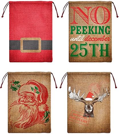 Jumbo Drawstring Burlap Rustic Traditional Christmas Holiday Gift Bag Sacks for Presents, Tan, Red, Green, Multicolor, Assorted Designs, X-Large, 4 Pack, 23" x 17"