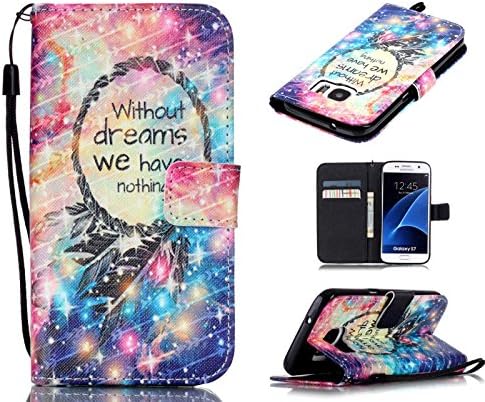 S7 Case, Galaxy S7 Case, ArtMine Dream Catcher Galaxy Print PU Leather Magnetic Kickstand Flip Pouch Wallet Cover Case with Credit/ID Card Slot &amp; Wrist Strap for Samsung Galaxy S7