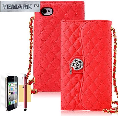 IPhone 4 Case, iPhone 4S Case, YEMARK(TM) Luxury Quality PU Leather Handbag Wallet Purse Chain Style Design Protective Case Cover For Apple iPhone 4/4S[+Stylus+Screen Protector+Cleaning Cloth]-(Red)