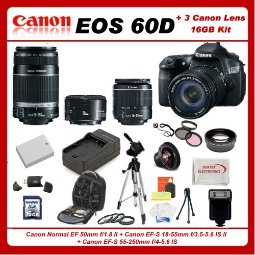 Canon EOS 60D DSLR Camera Kit with 3 Canon lenses: Featuring Canon EF-S 18-55mm f/3.5-5.6 IS II + Canon Normal EF 50mm f/1.8 II + Canon EF-S 55-250mm f/4-5.6 IS, Also Includes: 0.45x High Definition Wide Angle Lens & 2x Telephoto HD Lens, 3 Piece Filter Kit & 4 Piece Macro Lens Kit, Extra LP-E6 Replacement Battery & Travel Charger, 16GB SDHC Memory Card & Reader, Deluxe Backpack, Dedicated Flash and Much More...
