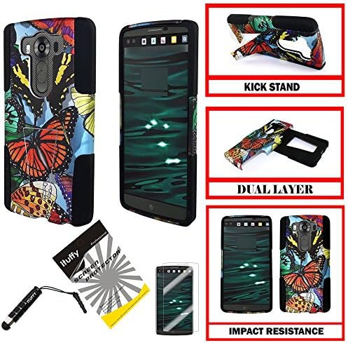 For LG V10 ITUFFY 3items: Screen Film+Stylus Pen+Dual Layer Impact Resistance Plastic Cover Soft Rubber KickStand Hybrid Case (Color Monarch Butterfly)