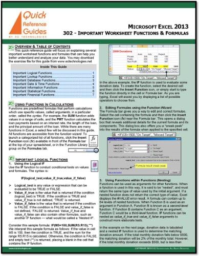 Microsoft Excel 2013 Quick Reference Guide - Important Worksheet Functions & Formulas (302)