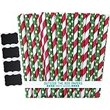 Outside the Box Papers Stripe and Polka Dot Christmas Paper Straws 7.75 Inches 100 Pack Brick Red, Green, White