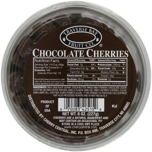 Traverse Bay Fruit Co. Chocolate Covered Dried Cherries, 8-Ounce Tub  (Pack of 4)