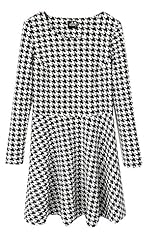 Pleated Long Sleeves Fall Houndstooth Print Round Neck Short Mini Dress 