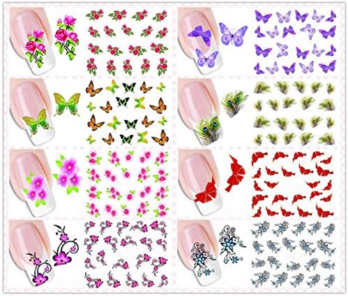 Ottery Bow Peacock Feathers Rose Butterfly Flowers Nail Stickers 8pcs Nail Tips Nail Art Stickers Nail Decoration