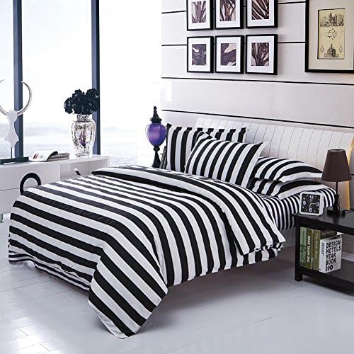 Emailren Elegant Black Color Stripe Print Pattern Duvet Cover Sets, Fashion Bedding, Full Queen Size (Twin Size)
