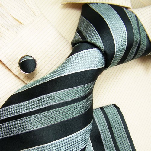 H3004 NEW Y&g Designer Hand Made Navy Blue Striped 100% Jacquard Woven Pure Silk Mens Neck Tie Neckwear and Cuff Links Cufflinks and Handkerchiefs Set
