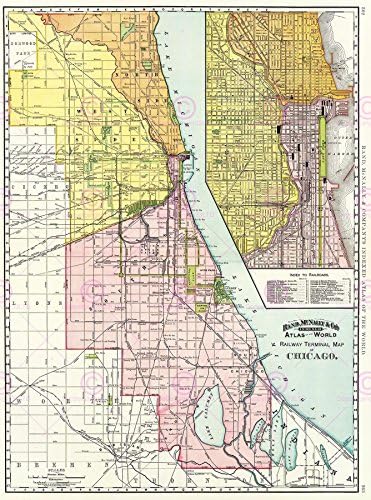 MAP ANTIQUE 1897 RAND McNALLY CHICAGO RAILROAD RAILWAY REPLICA PRINT PAM1998