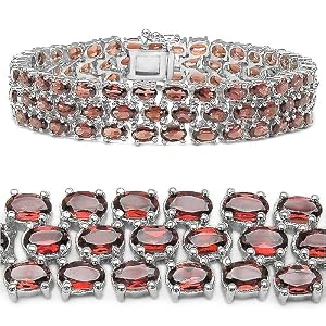 35.35 Carat Genuine Garnet Oval 3-Line Silver Bracelet by