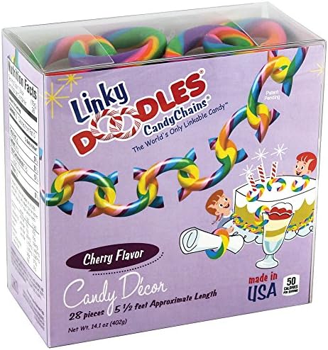Make our Cherry Rainbow Linkydoodles part of your party tradition. Rainbow Linkydoodles 28 pcs of fun candy to decorate your party, home or office. Pink, blue, gree, yellow, orange and purple, cherry flavored, Linkydoodles. Great for parties, Baby showers, Birthday parties, and all other celebrations. The perfect candy décor for dessert tables, Graduation, Party, Bridal and Birthday decorations. Perfect as napkin rings, place card holders, party drinks, party flavors gift wrapping and party table décor. The perfect item for candy crafts.