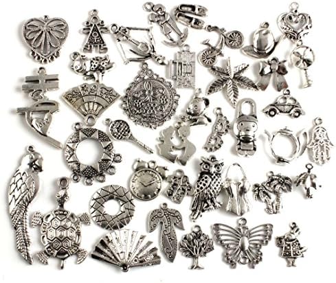 LQZ(TM) 40Pcs Assorted Tibetan Silver Charms Pendants for Jewelry Making and Crafting