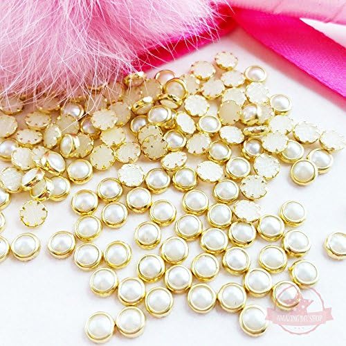 4mm 90 pcs Cream Pearl Flat Back Gold Metal Edge Acrylic nail Art *ship with FREE GIFT from GreatDeal68*