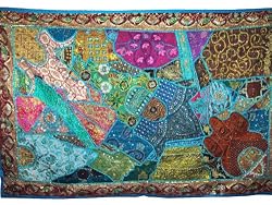 Exotic Indian Wall Hanging Multi Blue Beaded Tapestry Wall Decor 70x44