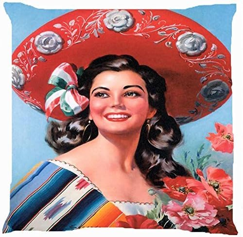 cushion cover throw pillow case 18 inch retro vintage girl Mexican flower bow ribbon hat national costume dress both sides image zipper