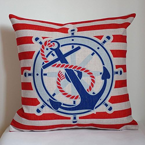 WayHomeDecor Cotton Linen Decorative Throw Pillow Case Cushion Nautical Anchor with Red Stripe 18 "X18 "