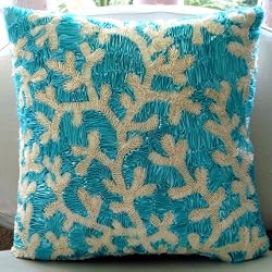 Aqua Ornate - Decorative Pillow Covers - Silk Pillow Cover with Satin Ribbon Embroidery