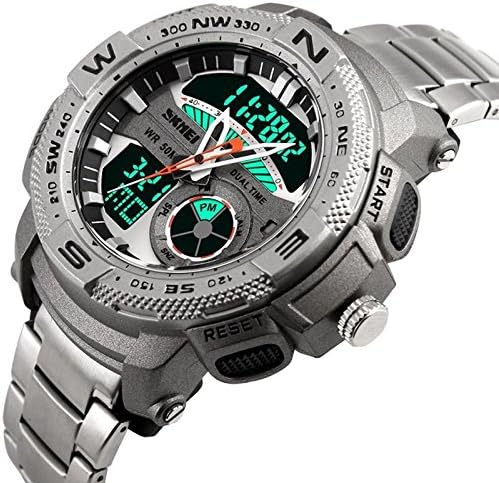 Amyove Digital Men Quartz Luxury Sport Army Analog Date LED Stainless Steel Wrist Watch Silver/Silver Circle