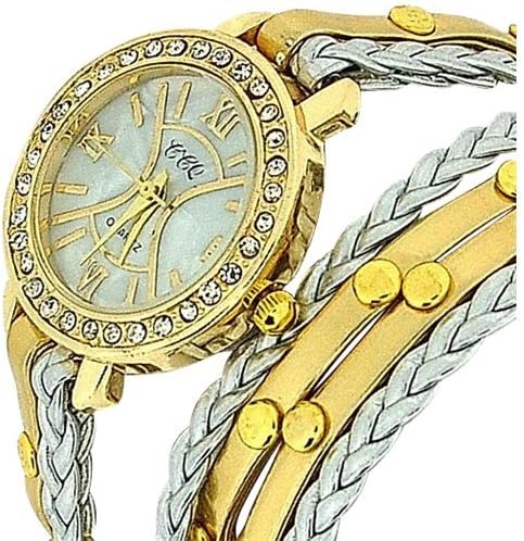 TOC Ladies Extra Long Gold Metallic, Silver Plaited Stud Strap Watch SW1097