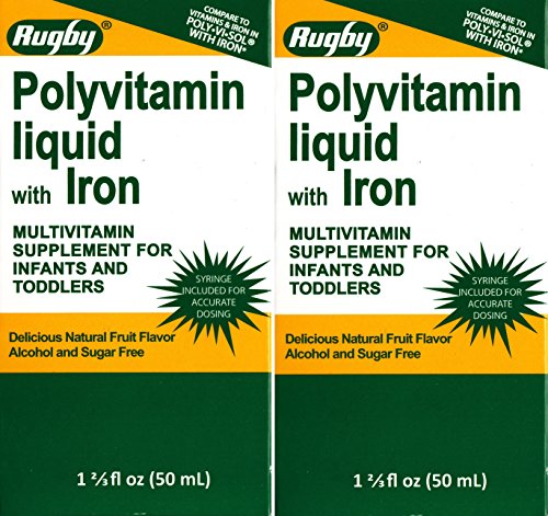Poly Vitamin Liquid with Iron Sugar & Alcohol Free Natural Fruit Flavor Generic for Enfamil Poly-Vi-Sol Multivitamin Supplement Drops for Infants and Toddlers Measuring Syringe Included 50 ml per Bottle Pack of 2