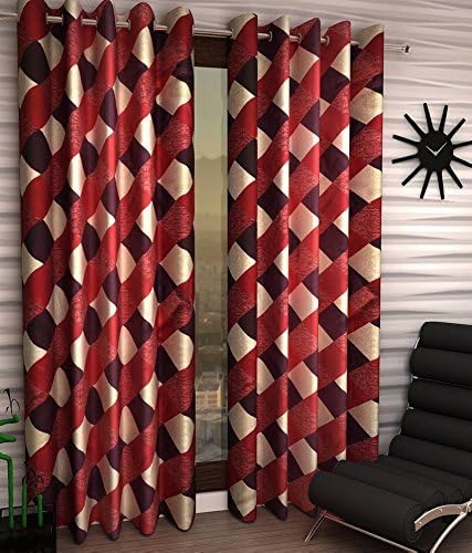 Geo Nature Polyster Door Check Curtains for Living Room / Bedroom, Set of 2, 48" X 84" Inch, Maroon
