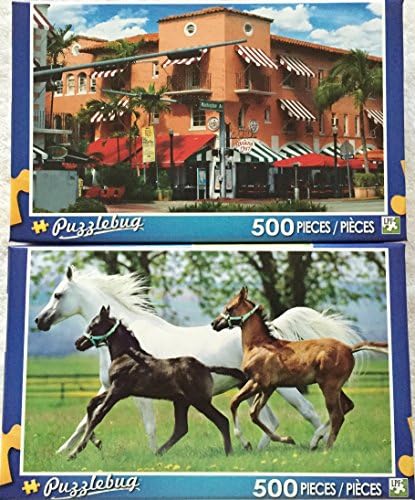 Bundle Lot of 2 Puzzlebug 500 Piece Puzzles by LPF: Historic Spanish Village, Miami, Florida ~ Running Horses