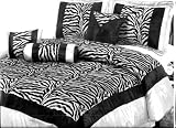 7 Piece Zebra Queen Size Comforter Set - Black and White - Faux Silk with Flocking