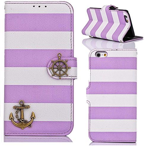 YW (TM) Hybrid Stripes Rudder Anchor ID Card Slots Flip Leather Stand Hard Case Cover For iPhone 6 4.7 inch - Purple